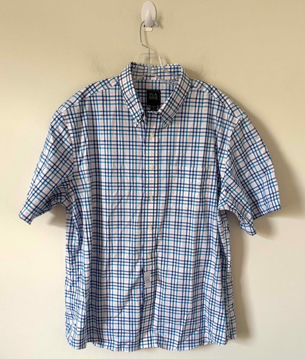 Jos. A. Bank Tailored Fit Plaid Short Sleeve Shirt Blue Pink White Size XL NEW